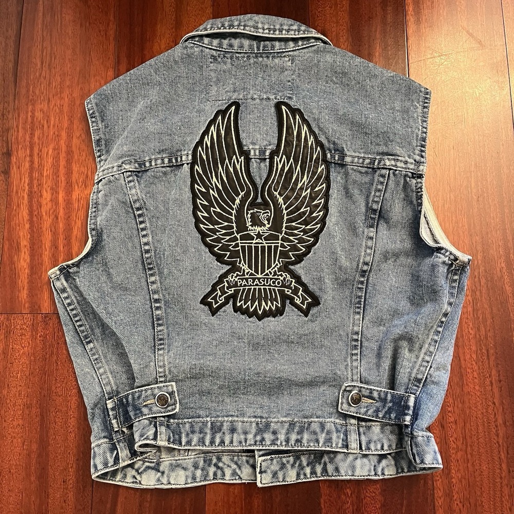 Parasuco Denim Vest Men Large Blue Studded Western Biker Eagle Patch Logo Vtg